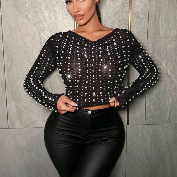 New Elegant Black Beaded Women's Pearl Top size XS - Picture 4 of 9